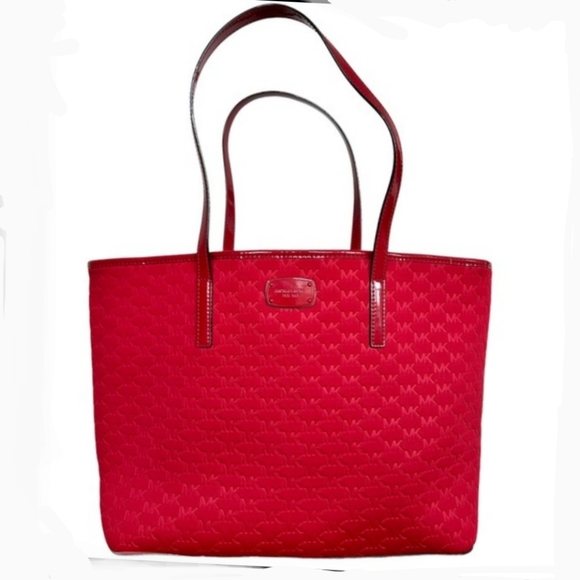 Michael Michael Kors Red Embossed Logo Scuba Fabric Patent Strap Large Tote Bag - Picture 12 of 12
